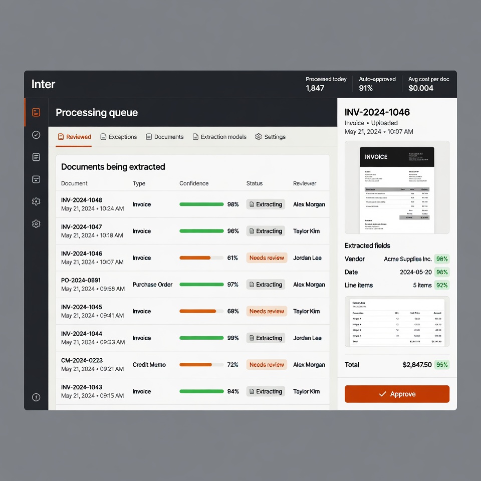 Document processing queue with per-item confidence scores and a human review lane