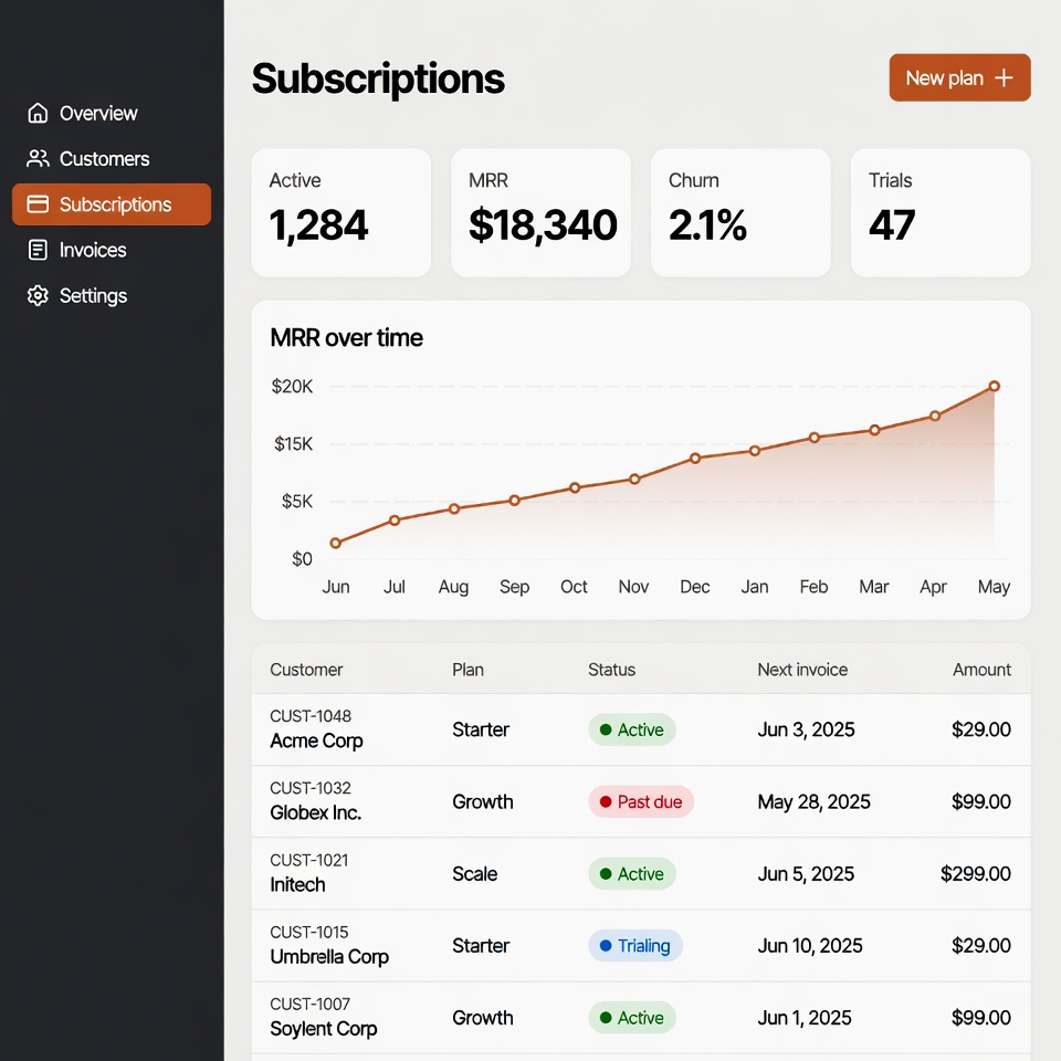 Subscription billing dashboard with plan tiers, MRR chart, and a customer table
