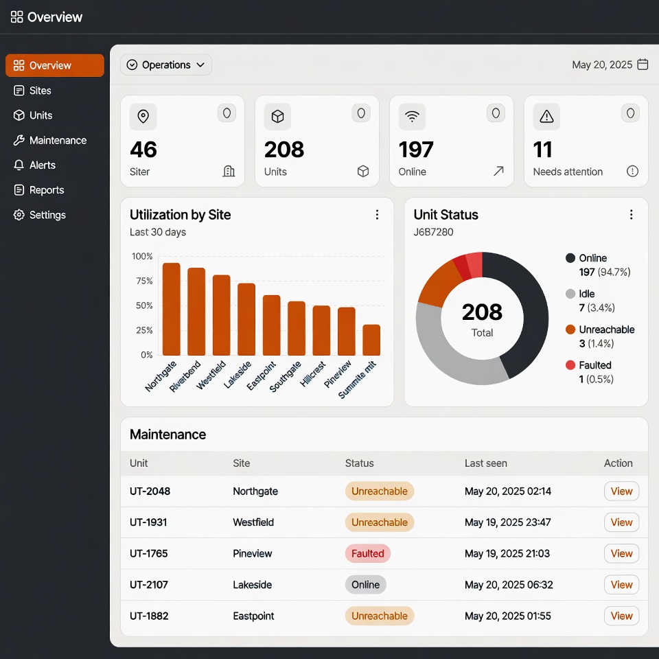 Operations dashboard with station status tiles, a utilization chart, and a maintenance table